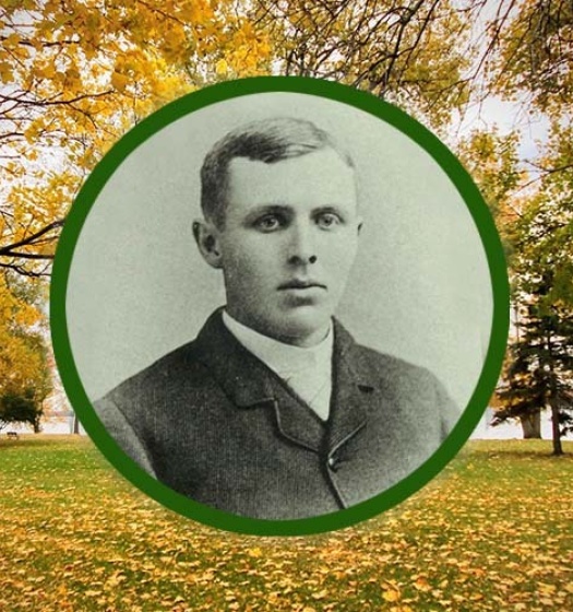 James Brace yearbook photo in foreground; Macdonald Campus in background
