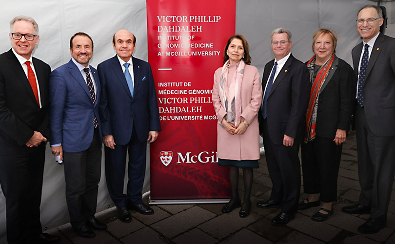 From left: Vice-Principal (University Advancement) Marc Weinstein, Chancellor John McCall MacBain, Victor Dahdaleh, Mona Dahdaleh, Interim Principal Christopher Manfredi, Vice-Principal (Research and Innovation) Martha Crago, and Vice-Principal (Health Affairs) and Dean of Medicine and Health Sciences David Eidelman. 