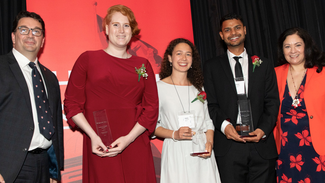 MAA President Luciano D’Iorio and Immediate Past-President Inez Jabalpurwala flank the James G. Wright Award winners: Florence Ashley, Jessica Farber and Sanchit Gupta