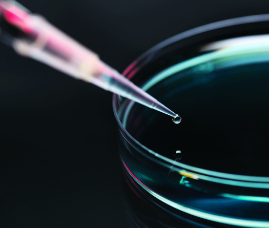 A pipette dropping a drop of liquid into a glass dish