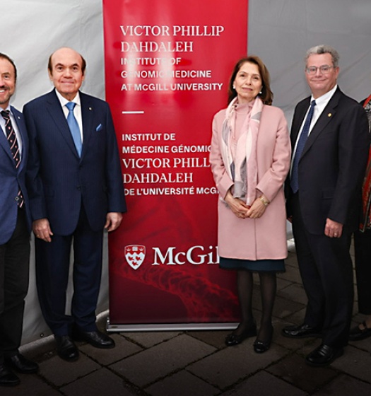 From left: Vice-Principal (University Advancement) Marc Weinstein, Chancellor John McCall MacBain, Victor Dahdaleh, Mona Dahdaleh, Interim Principal Christopher Manfredi, Vice-Principal (Research and Innovation) Martha Crago, and Vice-Principal (Health Affairs) and Dean of Medicine and Health Sciences David Eidelman.