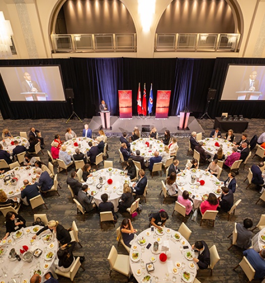 Overhead view of the McGill Toronto Excellence Awards luncheon at Arcadian Court