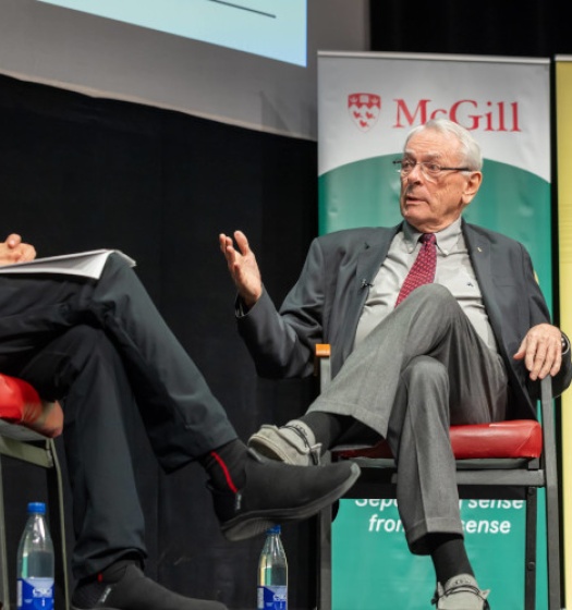 Joe Schwarcz and Dick Pound speaking at the Trottier Public Science Symposium
