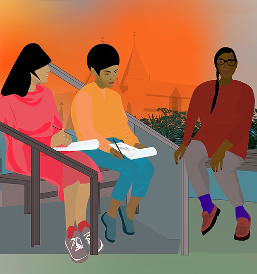 Colourful illustration of three students sitting on benches on the McGill campus