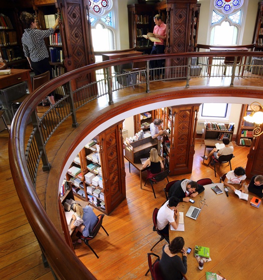 A group of people in a library