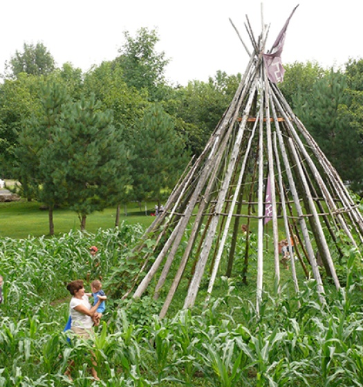 A group of people standing in a field of plants with a tee pee in the middle