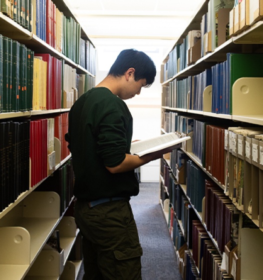 A student standing in a library looking at a book