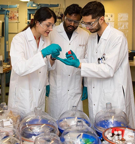 A group of people wearing white lab coats and gloves