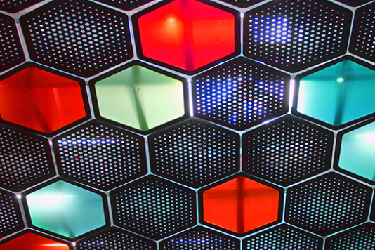 Red, Blue, Green, and Black spotted Hexagon pattern
